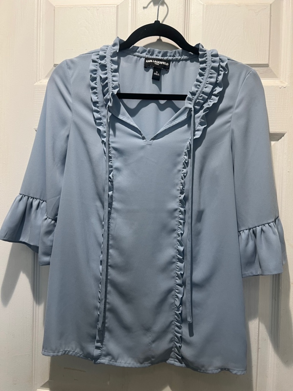 Karl Lagerfeld Powder Blue Ruffle Trim Tie-Neck Blouse